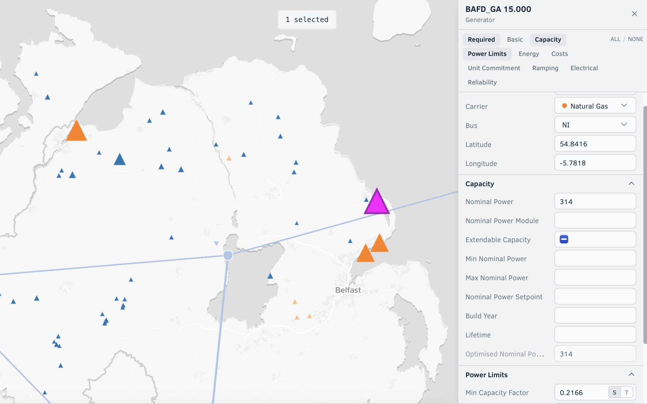 Northern Ireland zone showing generators sized by capacity with Ballylumford Power Station selected