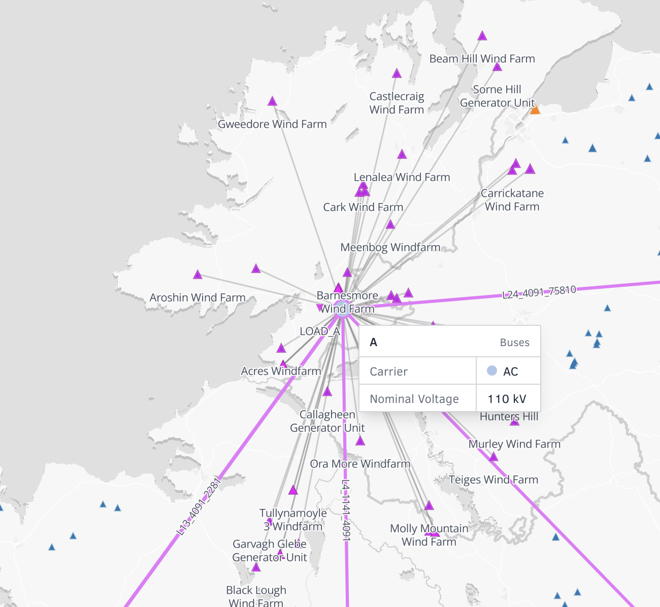 Map of assets connected to grid Area A in the north west of Ireland