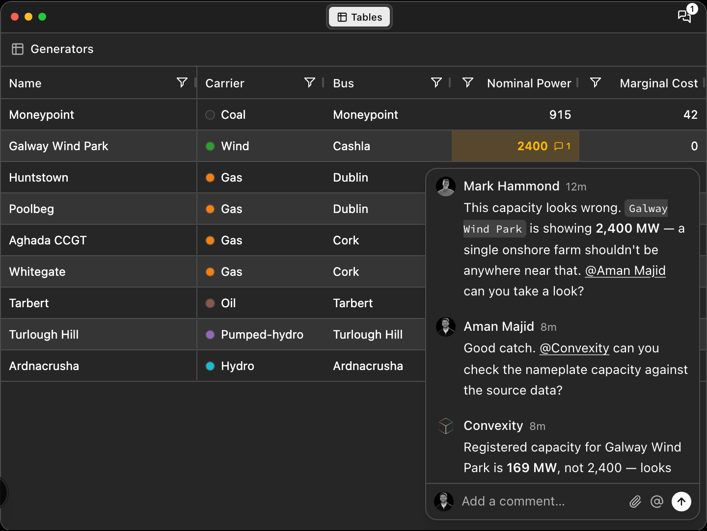 A comment thread on a model asset with teammates and the Convexity agent replying