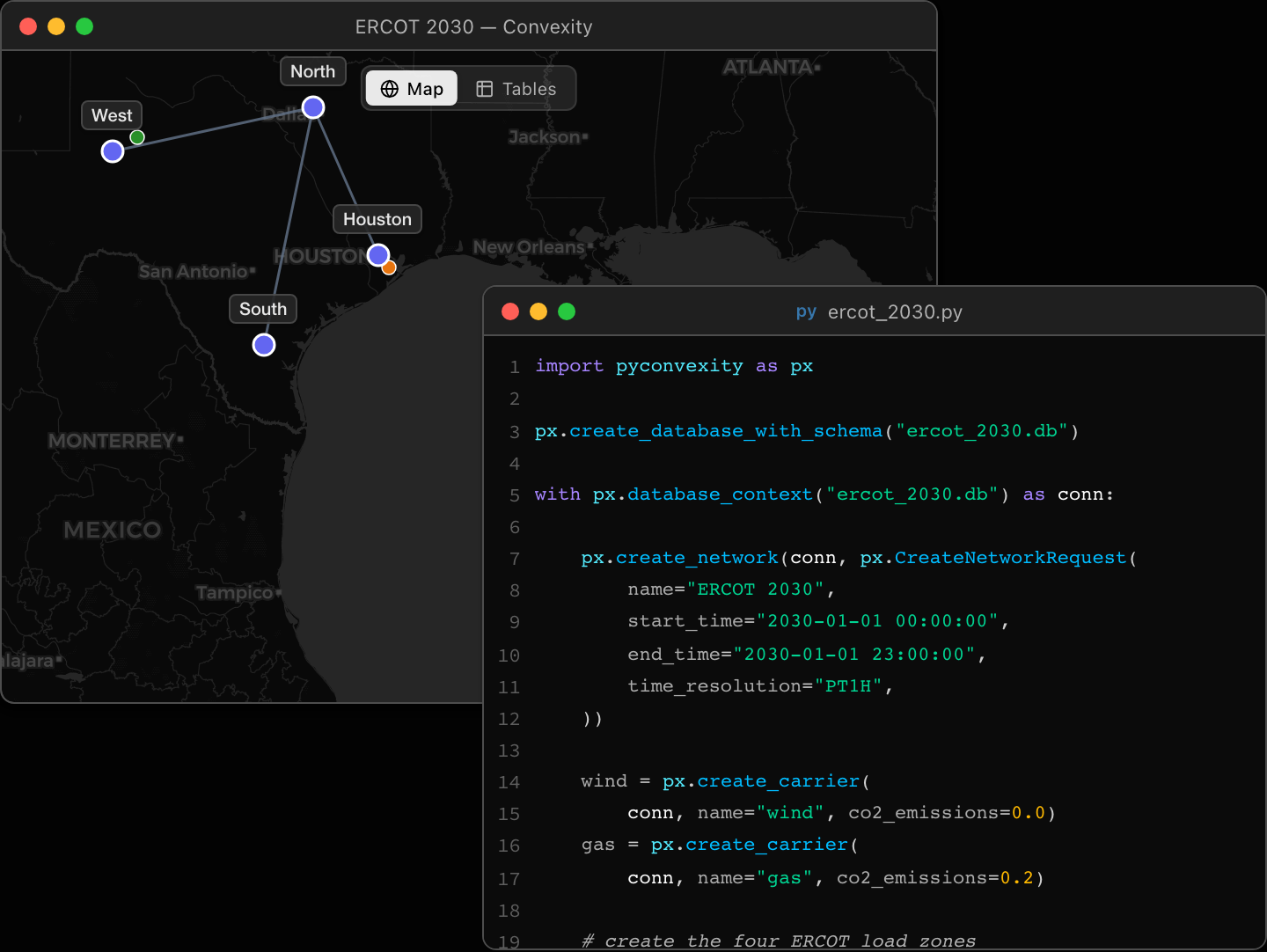 A pyconvexity Python script side by side with the same ERCOT model open in Convexity