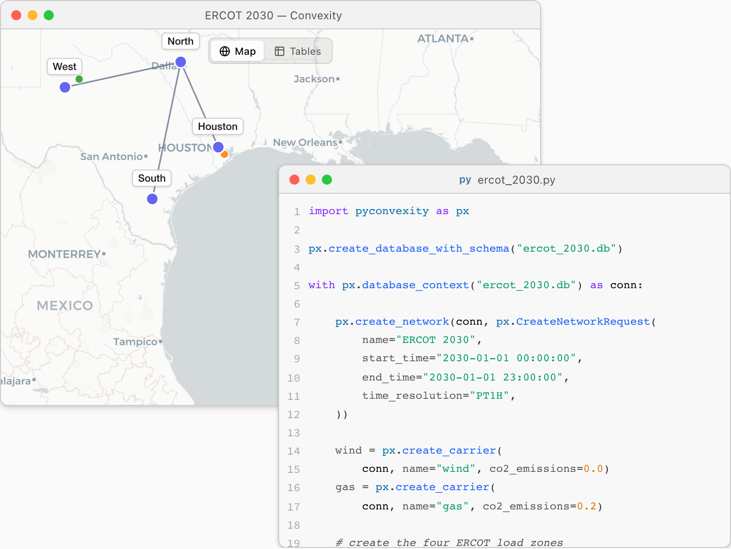 A pyconvexity Python script side by side with the same ERCOT model open in Convexity